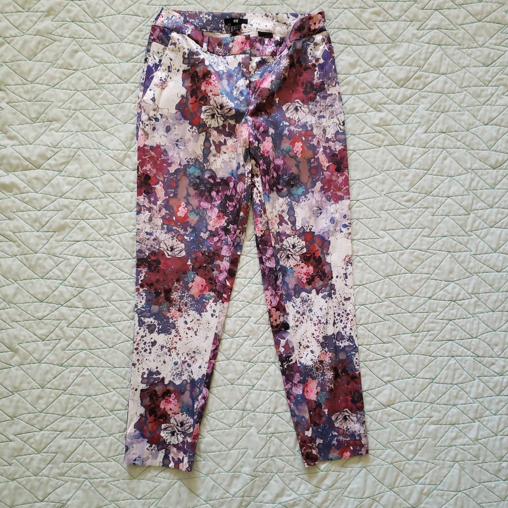 H&M Lana Del Rey Multicolor Satin Floral Splatter Print Trousers Pants